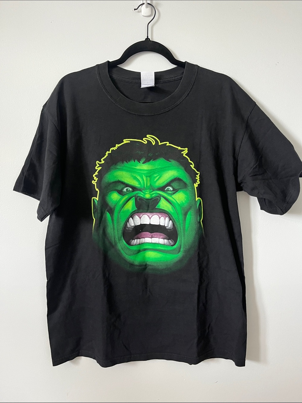 Graphic Black T-Shirt with Neon Green Hulk Face vintage